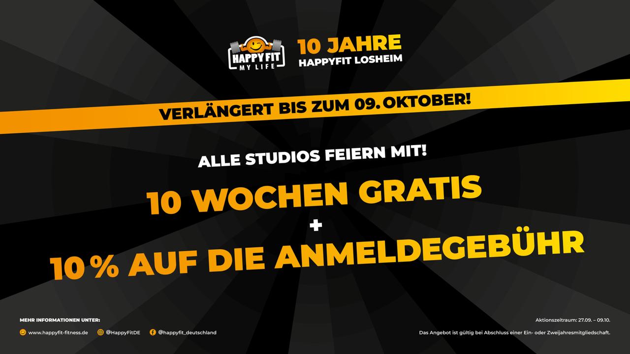 10 Jahre HappyFit Losheim – 10 Wochen gratis trainieren plus 10 % Rabatt auf die Anmeldegebühr vom 27.09. bis 09.10.
